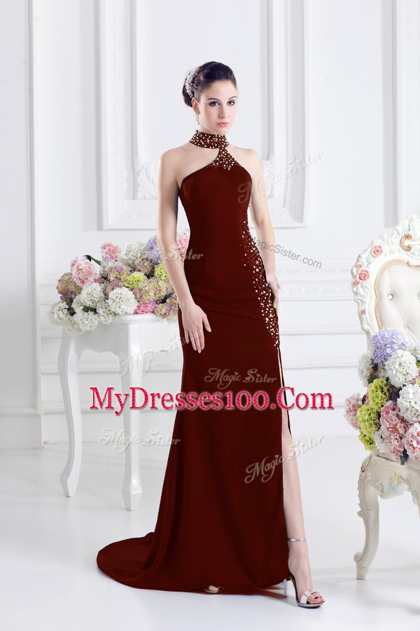Extravagant Lace Up Prom Evening Gown Wine Red for Prom and Party with Beading Sweep Train