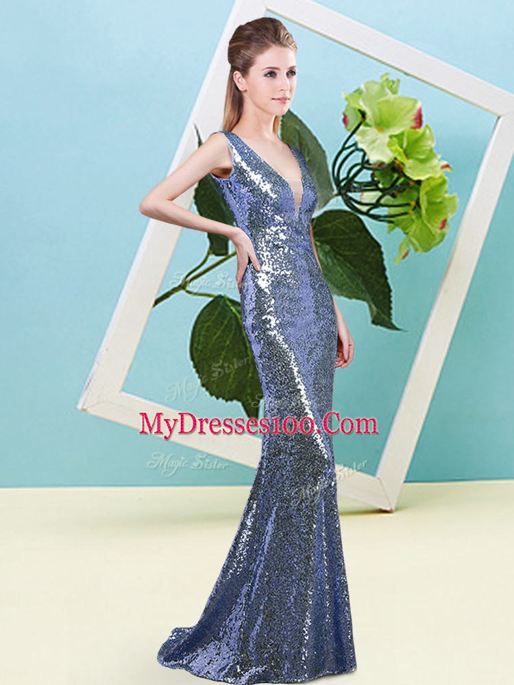 Noble Sleeveless Sequined Floor Length Zipper Dress for Prom in Navy Blue with Sequins