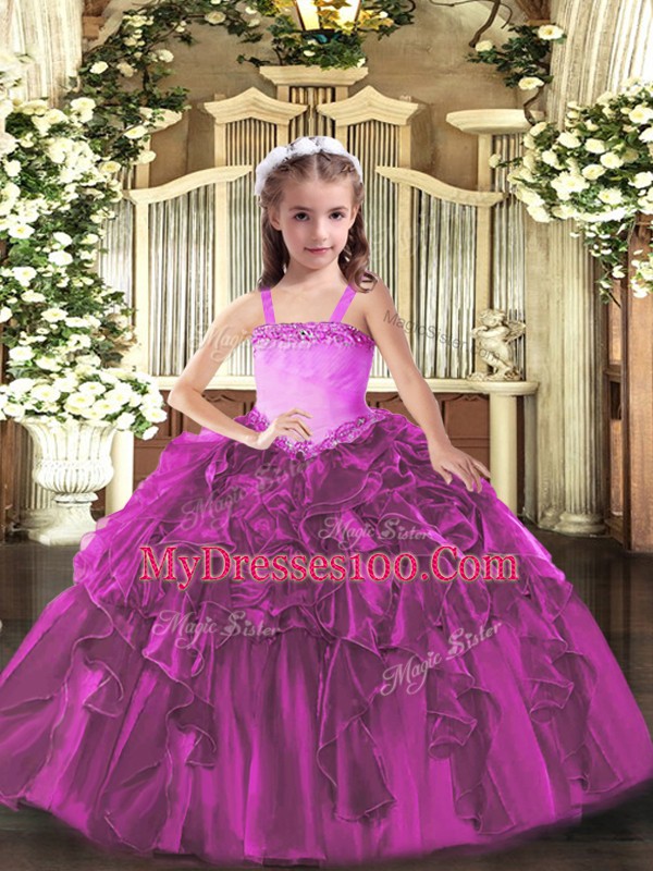 Fuchsia Straps Lace Up Appliques and Ruffles Pageant Dress Sleeveless