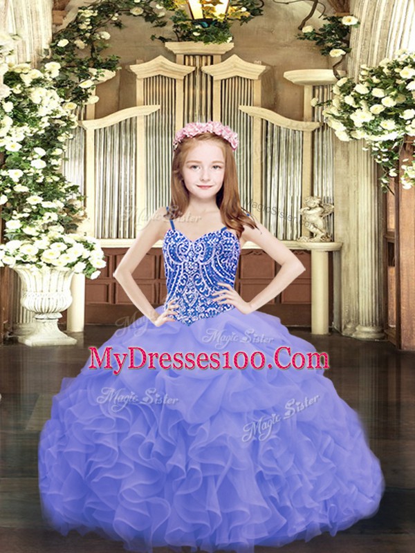 Organza Spaghetti Straps Sleeveless Lace Up Beading and Ruffles and Pick Ups Girls Pageant Dresses in Blue