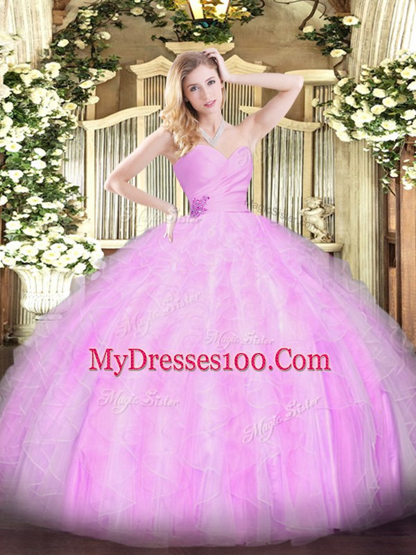Organza Sweetheart Sleeveless Lace Up Beading and Ruffles 15 Quinceanera Dress in Lilac