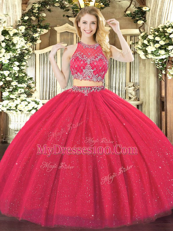 Floor Length Coral Red Ball Gown Prom Dress Tulle Sleeveless Beading
