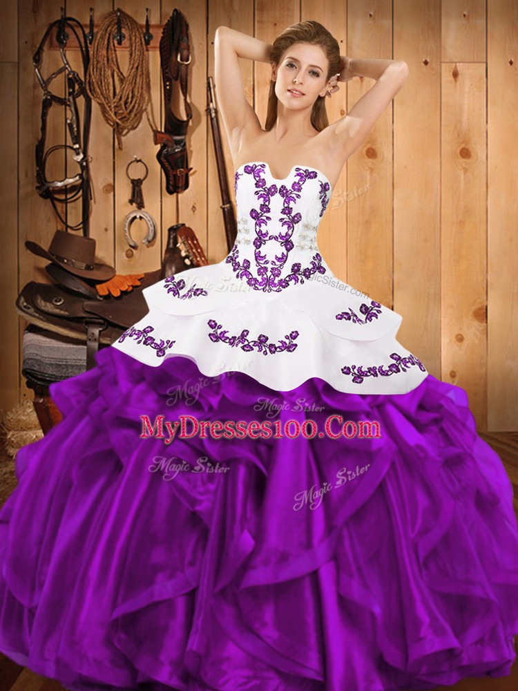 Eggplant Purple Satin and Organza Lace Up Strapless Sleeveless Floor Length 15 Quinceanera Dress Embroidery and Ruffles