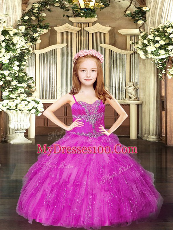Perfect Spaghetti Straps Sleeveless Lace Up Little Girl Pageant Dress Fuchsia Tulle