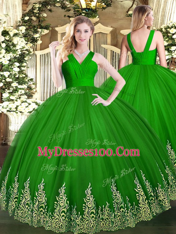 Tulle V-neck Sleeveless Zipper Appliques Quinceanera Dress in Green