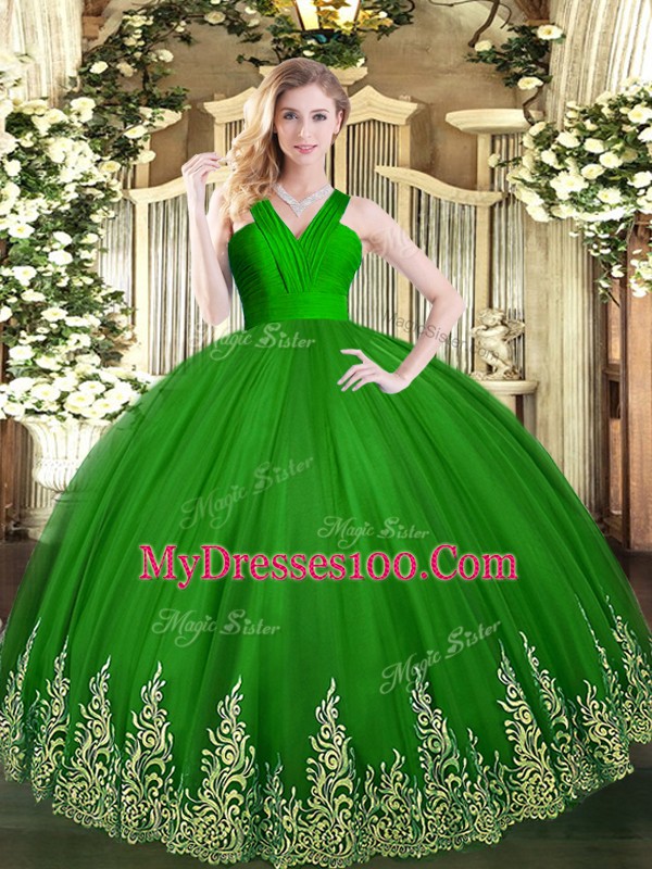 Tulle V-neck Sleeveless Zipper Appliques Quinceanera Dress in Green