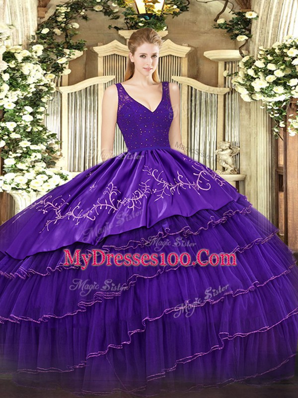 Sleeveless Organza and Taffeta Floor Length Backless Quinceanera Gown in Purple with Beading and Lace and Embroidery and Ruffled Layers