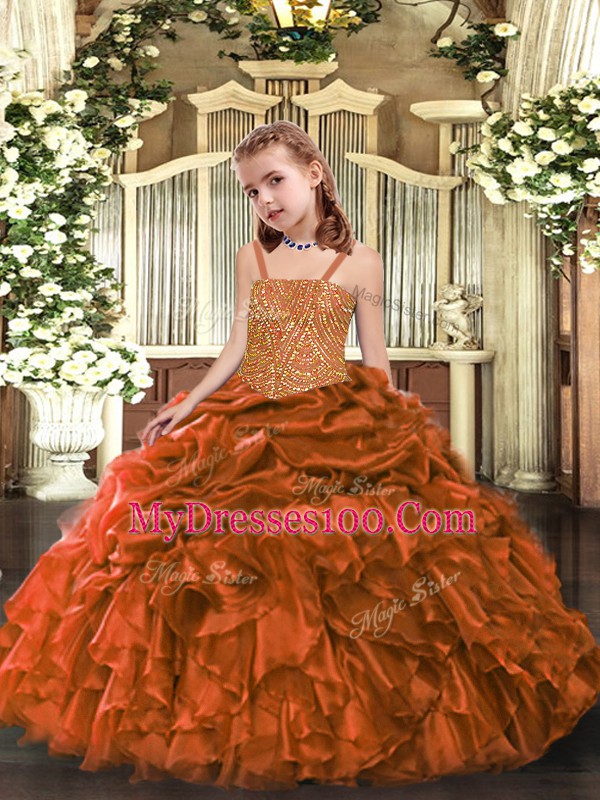 Orange Sleeveless Beading and Ruffles Floor Length Pageant Dress for Girls