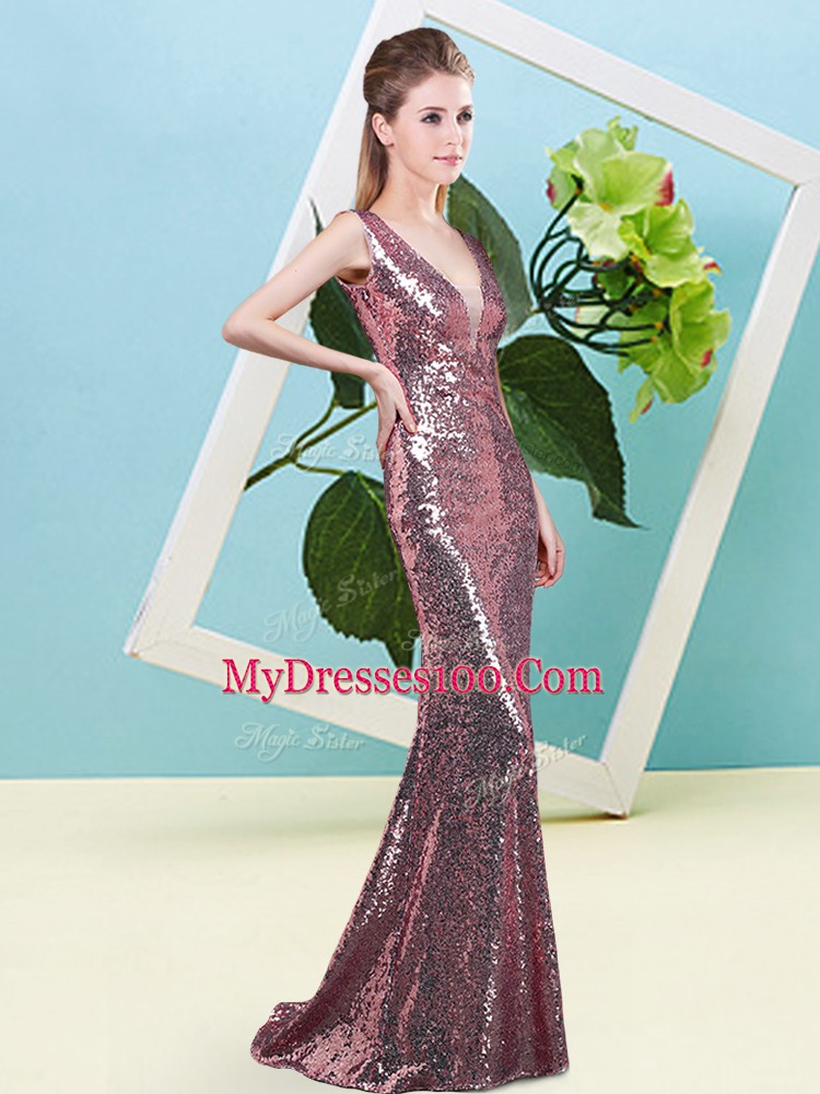 Best Selling Floor Length Pink Dress for Prom Sequined Sleeveless Sequins