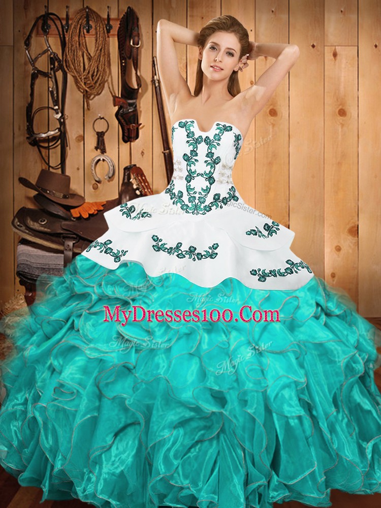 Aqua Blue Sleeveless Embroidery and Ruffles Floor Length Ball Gown Prom Dress