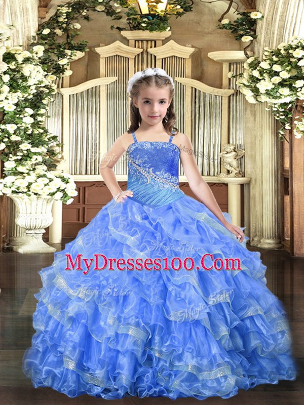 Baby Blue Straps Lace Up Beading and Ruffled Layers Little Girls Pageant Dress Wholesale Sleeveless