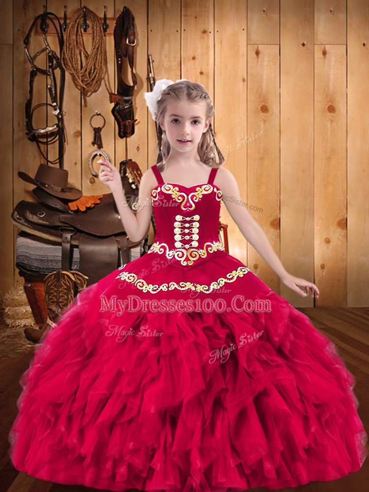 Sleeveless Embroidery and Ruffles Lace Up Little Girl Pageant Gowns