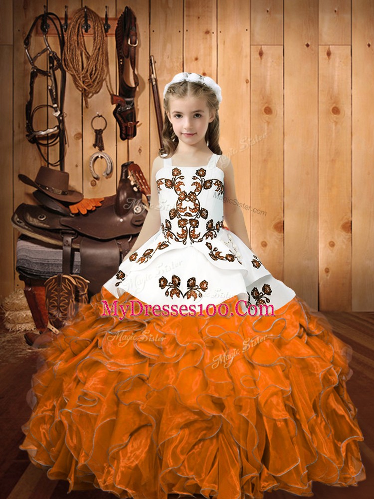 Trendy Orange Little Girls Pageant Gowns Sweet 16 and Quinceanera with Embroidery and Ruffles Straps Sleeveless Lace Up