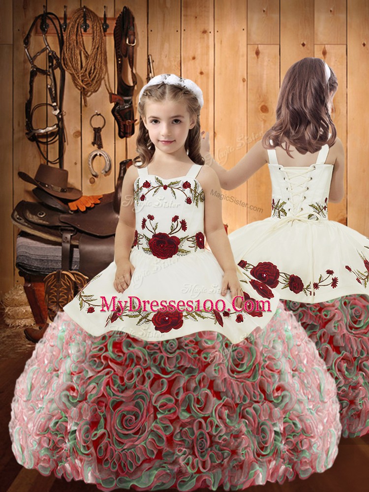 Beautiful Floor Length Multi-color Kids Pageant Dress Fabric With Rolling Flowers Sleeveless Embroidery and Ruffles
