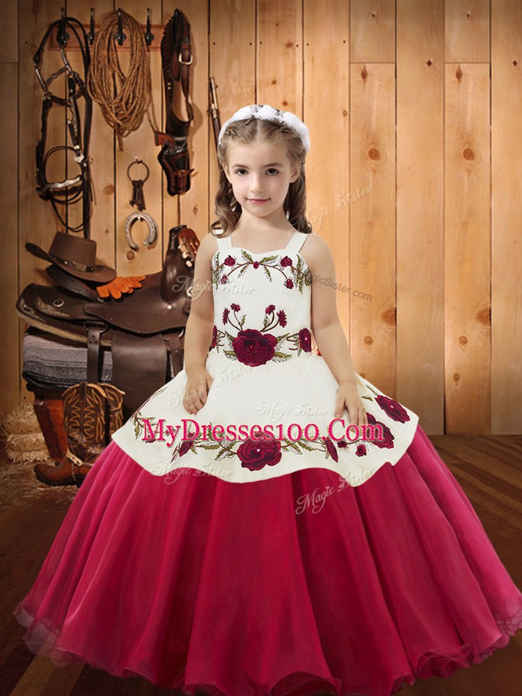 Fantastic Floor Length Lace Up Little Girl Pageant Dress Red for Sweet 16 and Quinceanera with Embroidery