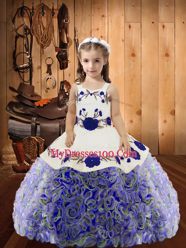 Straps Sleeveless Fabric With Rolling Flowers Little Girls Pageant Gowns Embroidery and Ruffles Lace Up