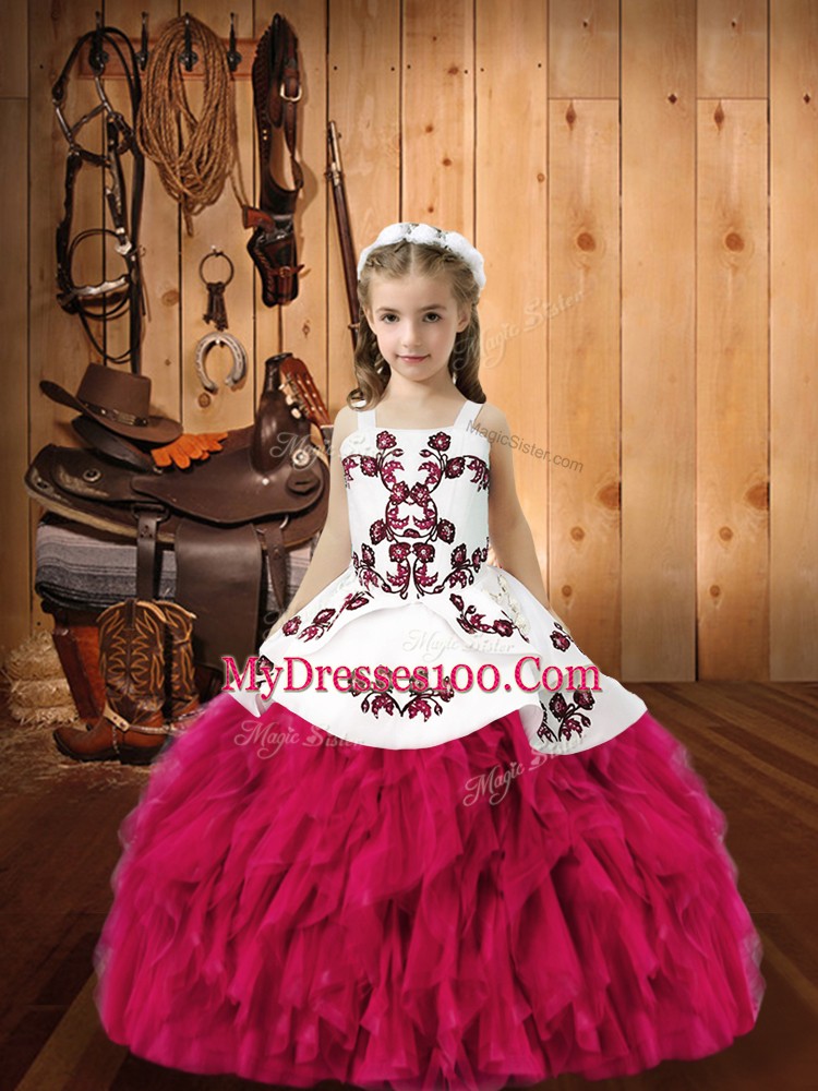 Dazzling Floor Length Fuchsia Little Girls Pageant Dress Straps Sleeveless Lace Up