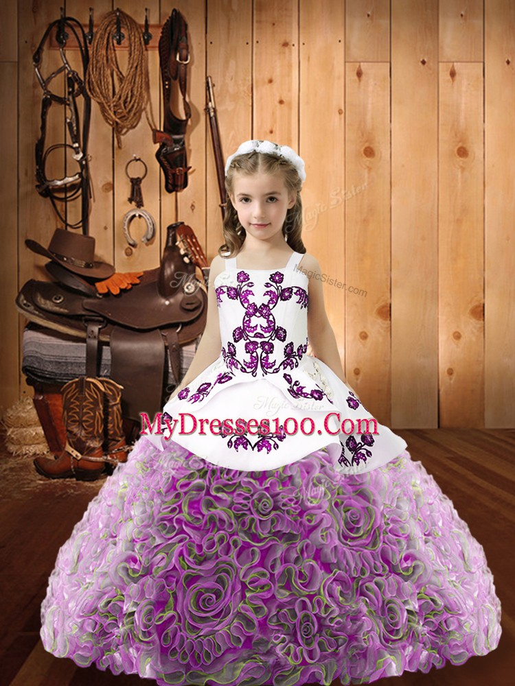 Amazing Multi-color Ball Gowns Straps Sleeveless Organza and Fabric With Rolling Flowers Floor Length Lace Up Beading High School Pageant Dress