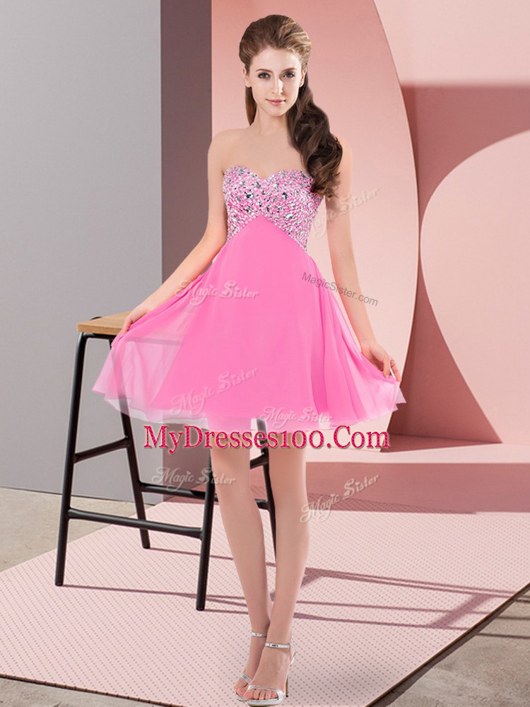 Flare Rose Pink Empire Chiffon Sweetheart Sleeveless Beading Mini Length Lace Up Prom Evening Gown