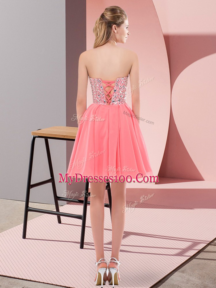 Flare Rose Pink Empire Chiffon Sweetheart Sleeveless Beading Mini Length Lace Up Prom Evening Gown