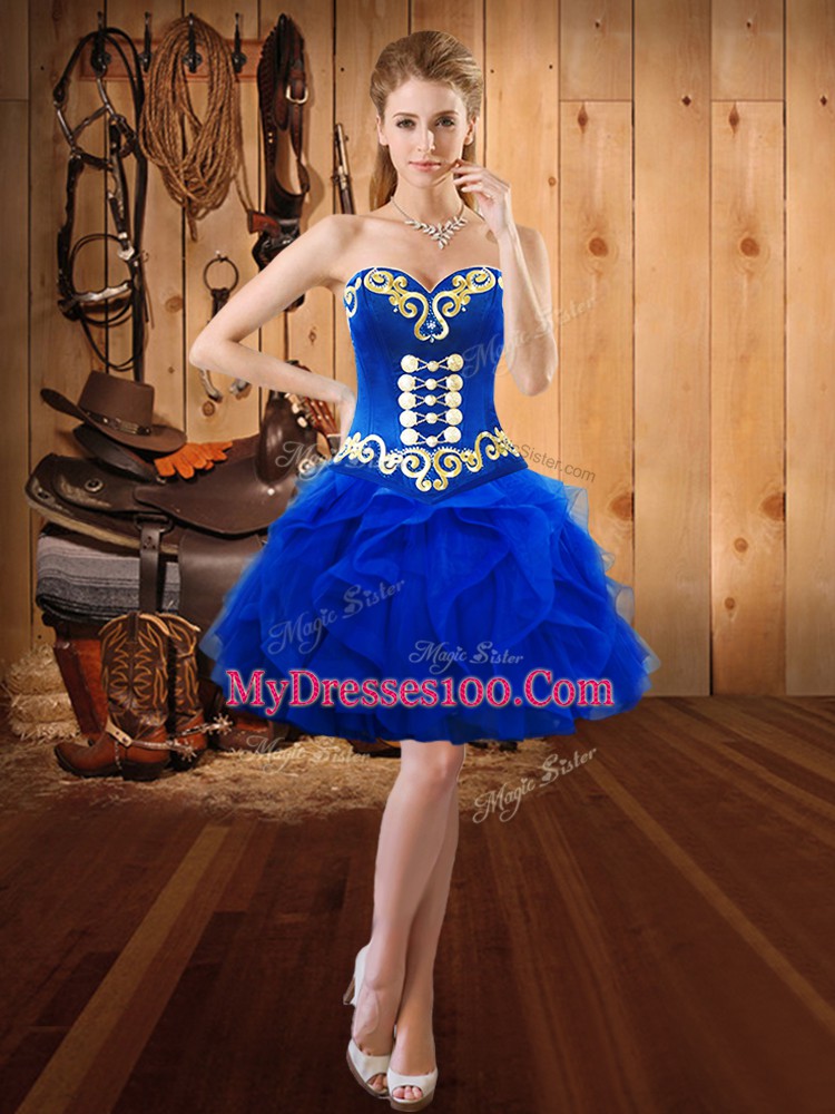 Embroidery and Ruffles Prom Dresses Royal Blue Lace Up Sleeveless Mini Length
