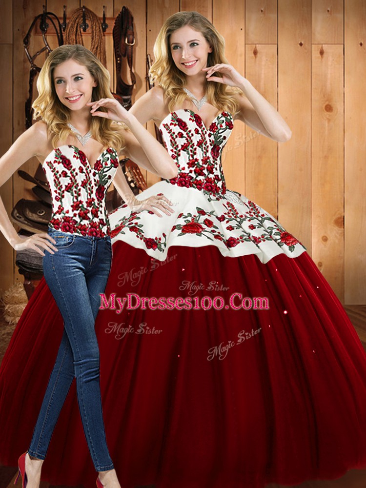 Adorable Wine Red Two Pieces Sweetheart Sleeveless Satin and Tulle Floor Length Lace Up Embroidery Ball Gown Prom Dress