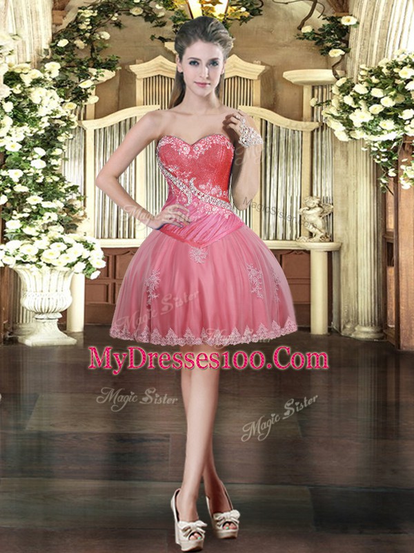 Top Selling Coral Red Lace Up Sweetheart Beading and Appliques Homecoming Dress Tulle Sleeveless