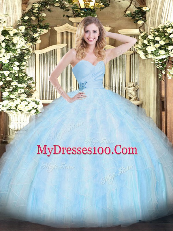 Fitting Light Blue Organza Lace Up Quinceanera Gowns Sleeveless Floor Length Beading and Ruffles