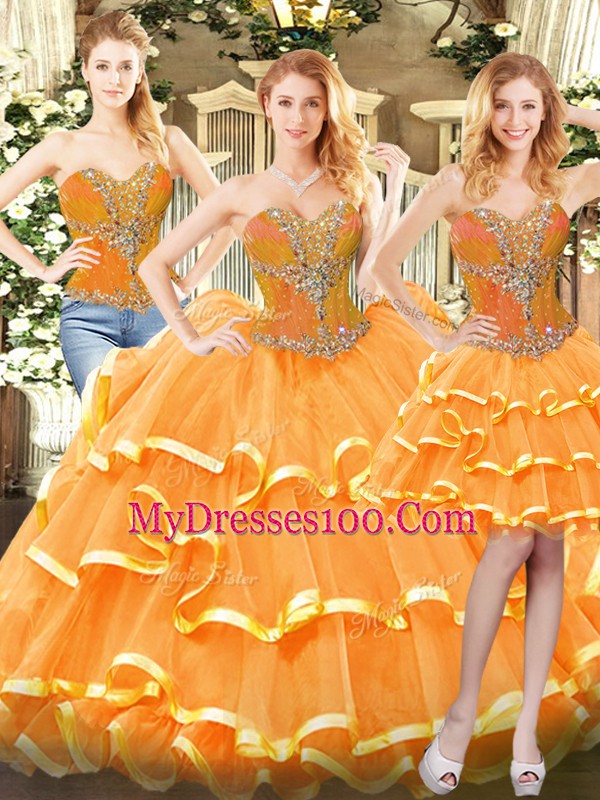 Nice Orange Red Sleeveless Floor Length Beading and Ruffled Layers Lace Up Quinceanera Gown