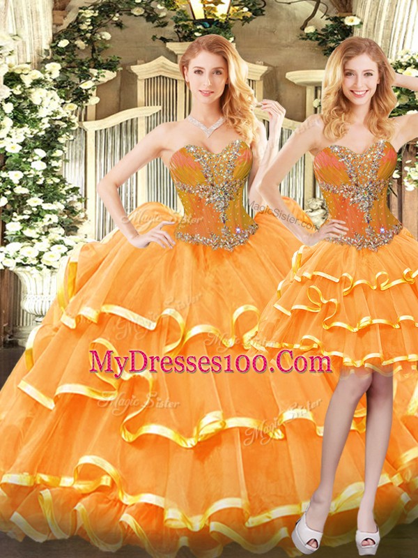 Nice Orange Red Sleeveless Floor Length Beading and Ruffled Layers Lace Up Quinceanera Gown