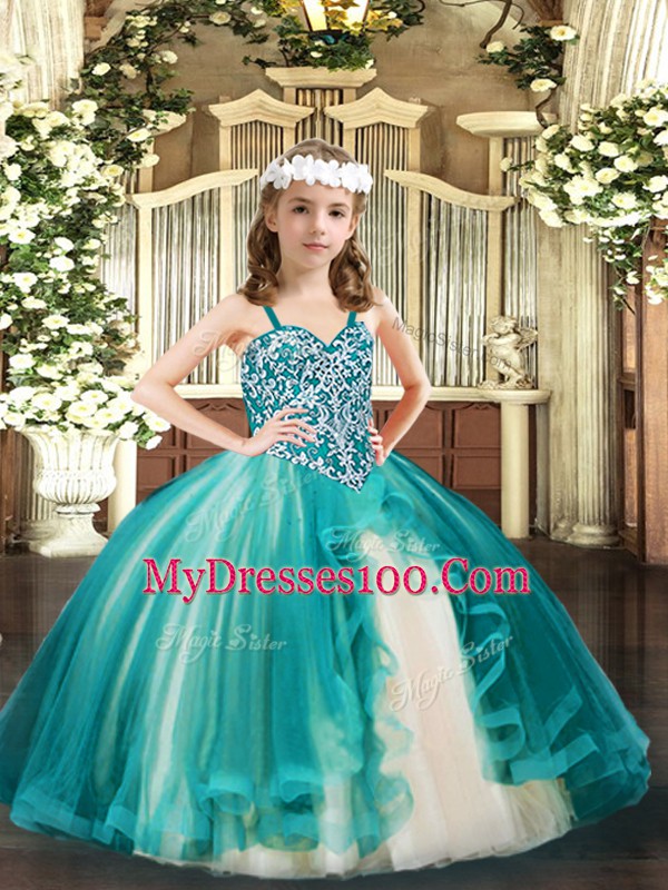 Great Teal Ball Gowns Beading Pageant Dress for Teens Lace Up Tulle Sleeveless Floor Length