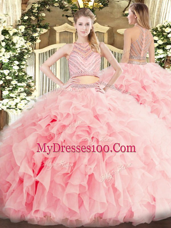 Tulle Scoop Sleeveless Zipper Beading and Ruffles Sweet 16 Dress in Baby Pink
