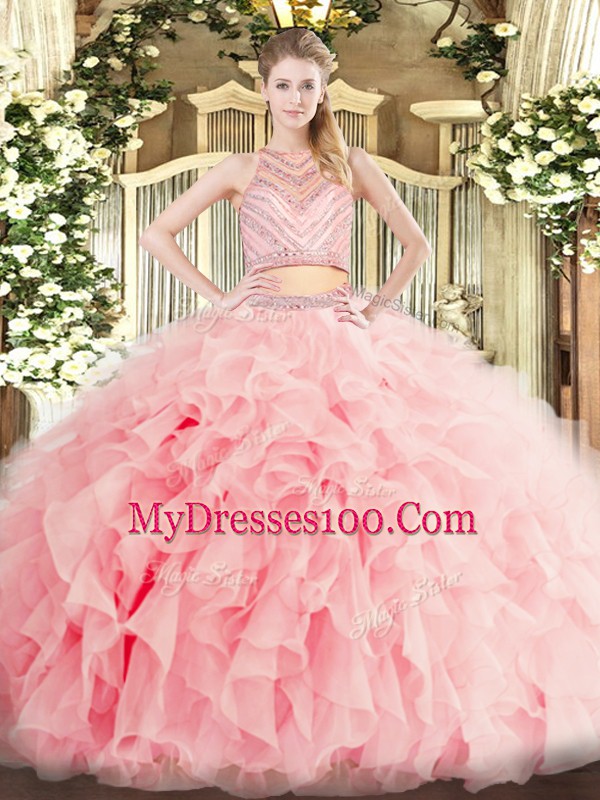 Tulle Scoop Sleeveless Zipper Beading and Ruffles Sweet 16 Dress in Baby Pink