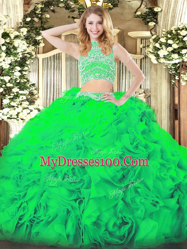 Two Pieces Quinceanera Dresses Green High-neck Tulle Sleeveless Floor Length Backless