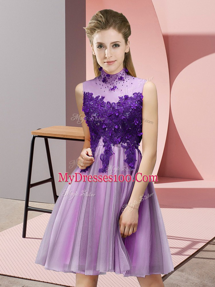 Lilac Lace Up Vestidos de Damas Appliques Sleeveless Knee Length
