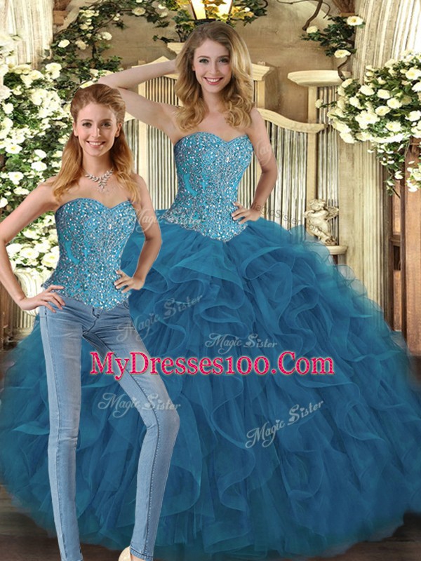 Lovely Teal Sweetheart Neckline Beading and Ruffles Quinceanera Dresses Sleeveless Lace Up