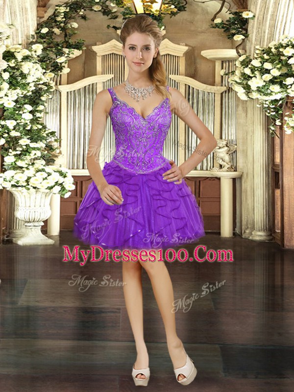 Modest Eggplant Purple Sleeveless Mini Length Beading and Ruffles Lace Up Hoco Dress