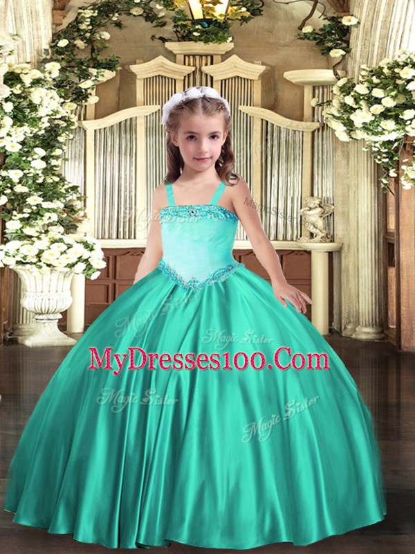 Floor Length Turquoise Little Girl Pageant Dress Straps Sleeveless Lace Up