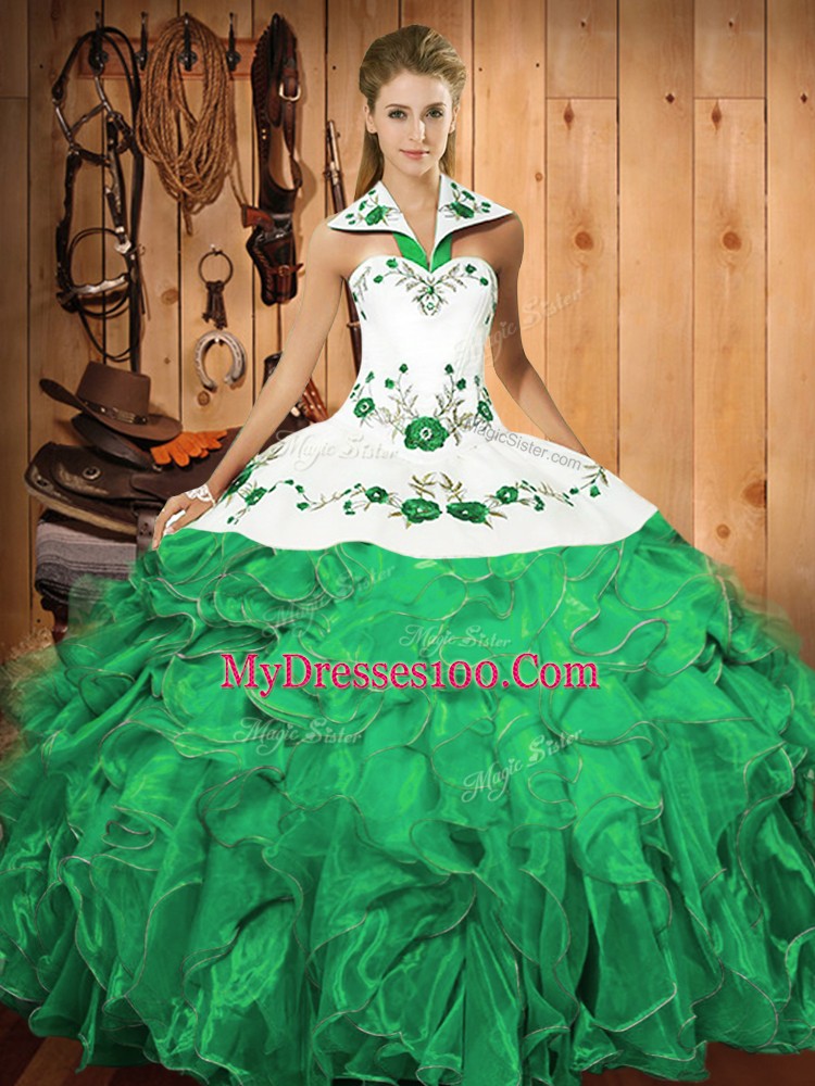 Sexy Turquoise Satin and Organza Lace Up Halter Top Sleeveless Floor Length Sweet 16 Dress Embroidery and Ruffles