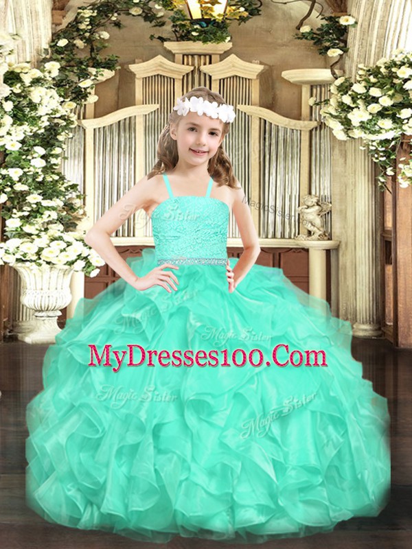 Dazzling Sleeveless Floor Length Beading and Lace and Ruffles Zipper Pageant Dress for Teens with Turquoise