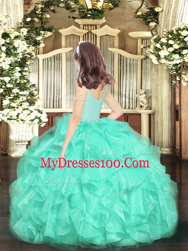 Dazzling Sleeveless Floor Length Beading and Lace and Ruffles Zipper Pageant Dress for Teens with Turquoise