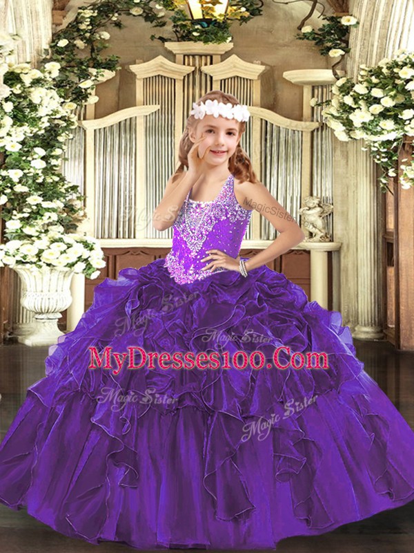 Fantastic V-neck Sleeveless Organza Custom Made Pageant Dress Beading and Ruffles Lace Up