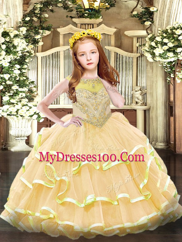 Adorable Organza Scoop Sleeveless Zipper Beading and Ruffled Layers Pageant Dress in Gold