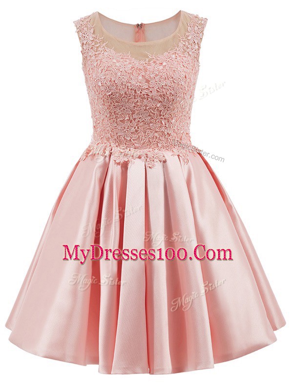Scoop Sleeveless Zipper Damas Dress Baby Pink Satin