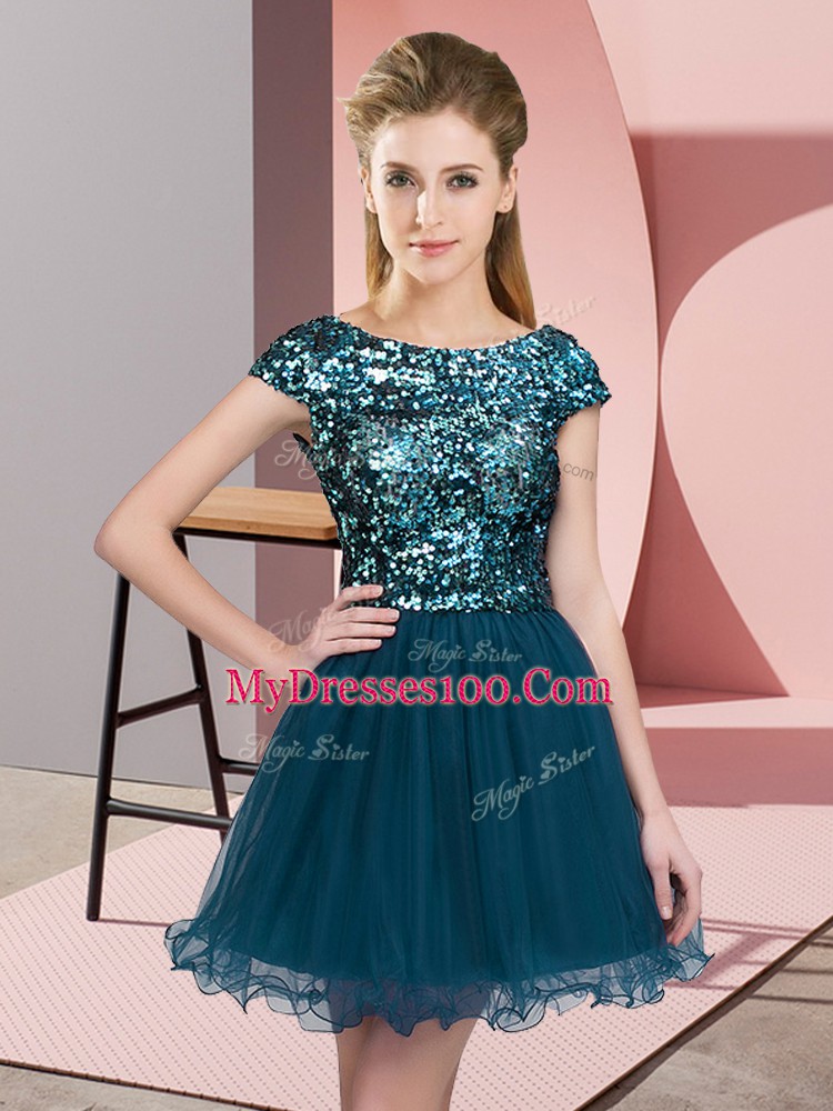 Custom Made Scoop Cap Sleeves Tulle Bridesmaid Dresses Sequins Zipper