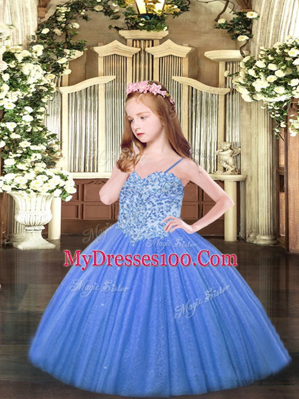 Great Baby Blue Ball Gowns Tulle Spaghetti Straps Sleeveless Appliques Floor Length Lace Up Little Girls Pageant Dress Wholesale