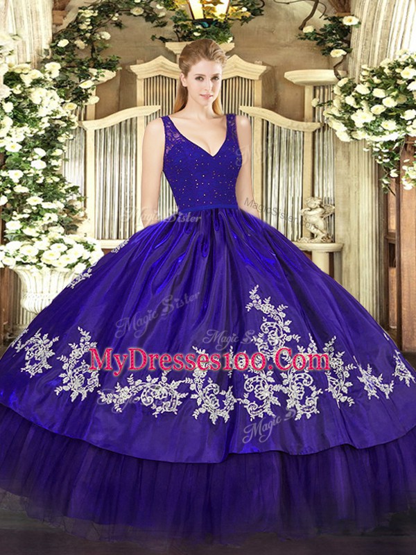 New Arrival Purple Quinceanera Gowns Military Ball and Sweet 16 and Quinceanera with Beading and Lace and Appliques V-neck Sleeveless Backless