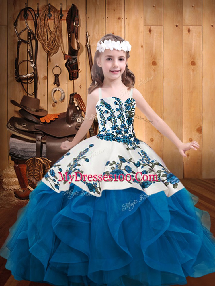 Trendy Blue Sleeveless Floor Length Embroidery and Ruffles Lace Up Little Girl Pageant Dress