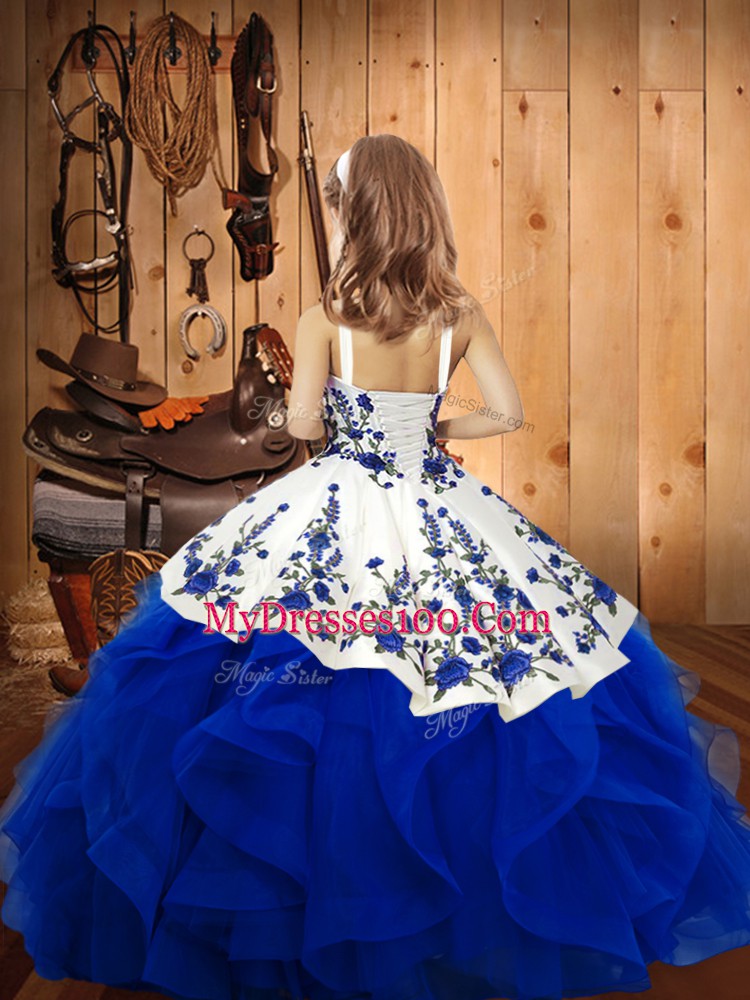 Trendy Blue Sleeveless Floor Length Embroidery and Ruffles Lace Up Little Girl Pageant Dress