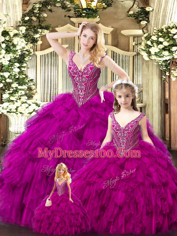 Clearance Fuchsia Sleeveless Tulle Lace Up Sweet 16 Dress for Military Ball and Sweet 16 and Quinceanera
